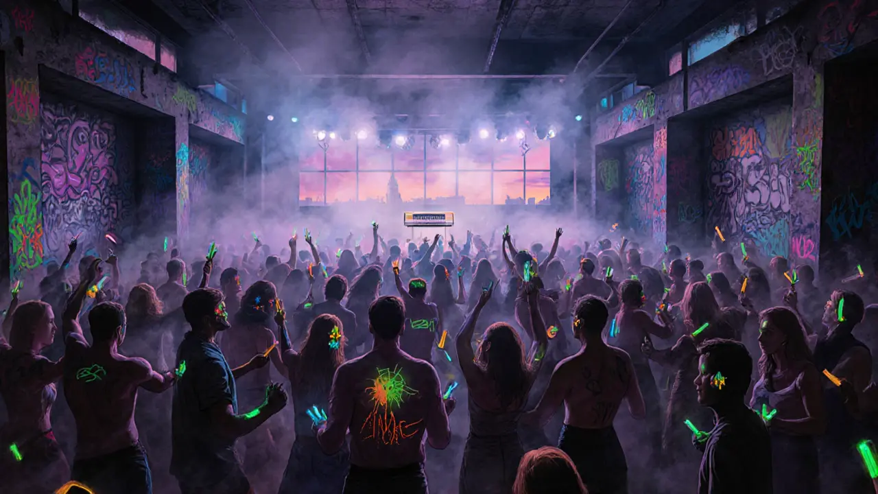 Underground rave in a foggy industrial space with glowing dancers and UV lights during the acid house era.
