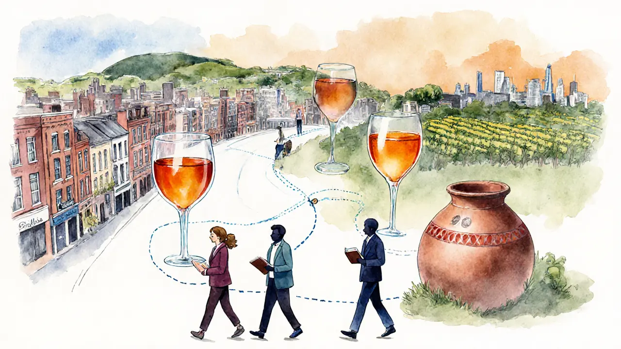 Winding path through London neighborhoods linked by floating wine glasses representing different varietals.