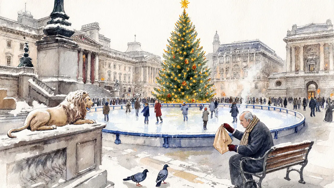 Winter scene in Trafalgar Square with a glowing Christmas tree, people ice skating, and an elderly man feeding pigeons.