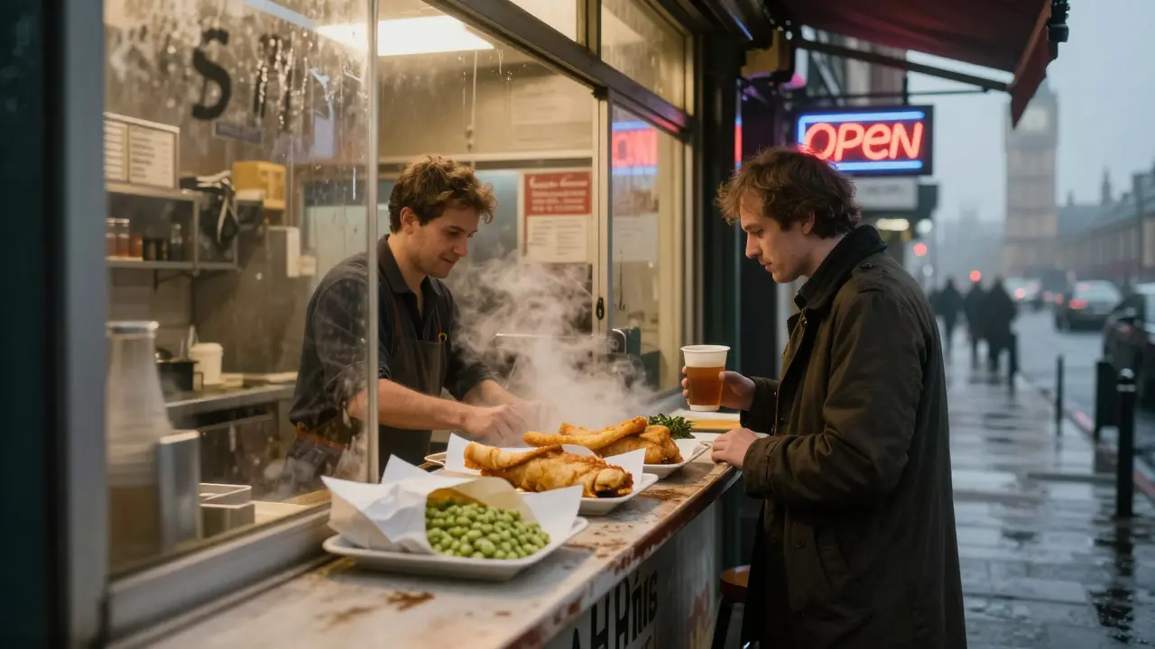 3am fish and chip shop with steaming food, lone customer holding tea, rain-slicked street and Big Ben in distance.