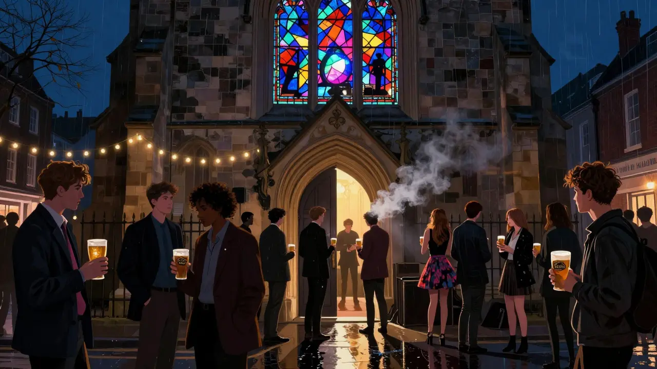 A converted church venue at midnight, colorful light patterns from stained glass illuminating a diverse crowd holding pints.