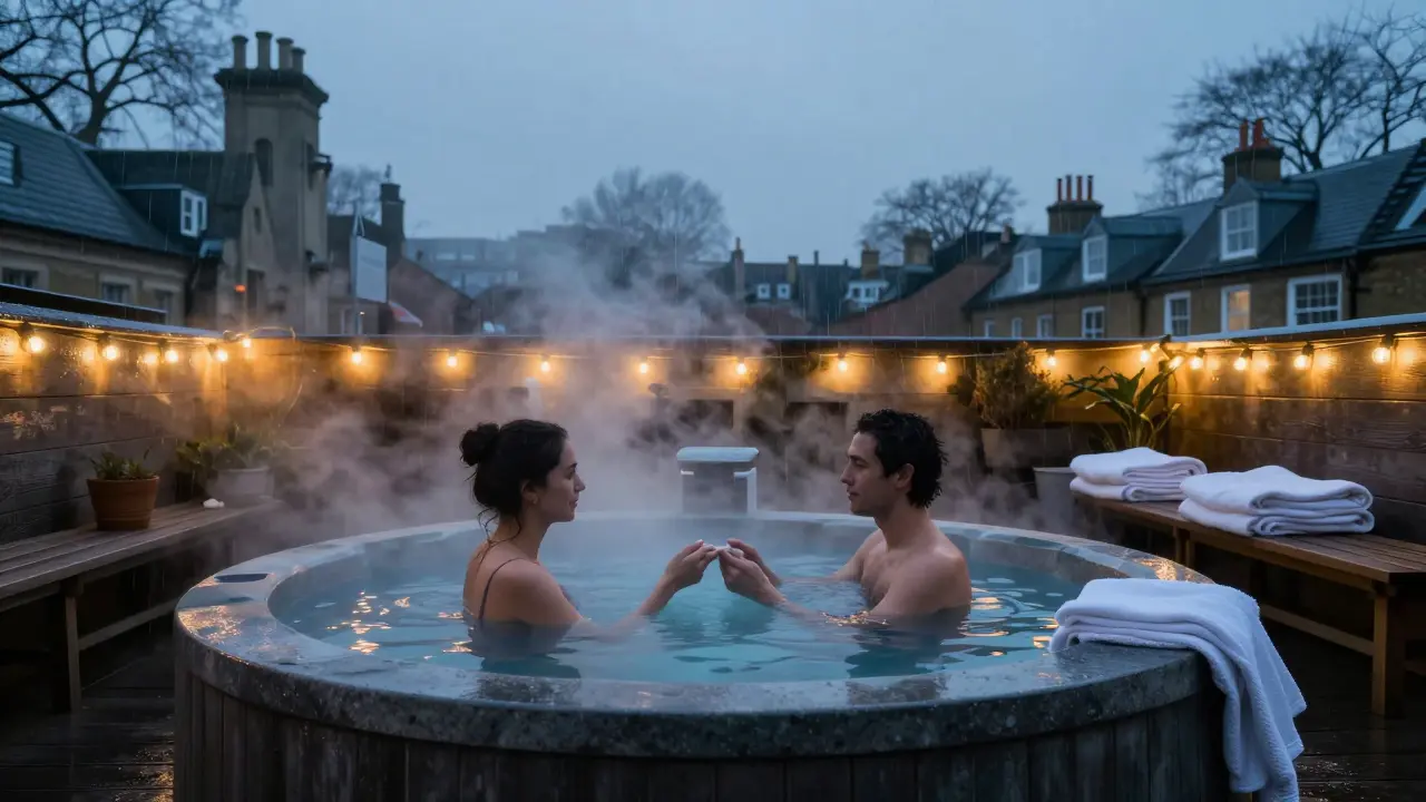 A couple relaxing in a private outdoor hot tub at twilight, steam rising as London lights glow in the distance.