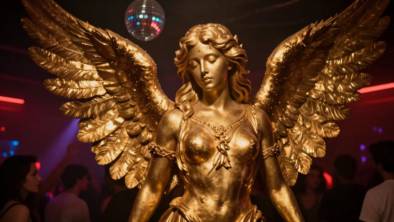 A detailed golden angel sculpture on the ceiling of Heaven Nightclub, glowing with disco lights above a crowd.