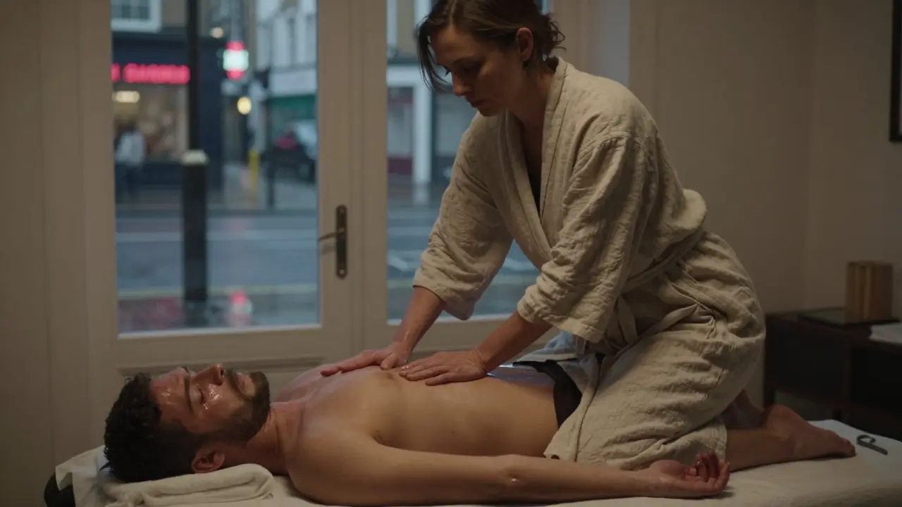 A female therapist kneels beside a massage table, her hands moving with precision as a man releases emotion in serene silence.