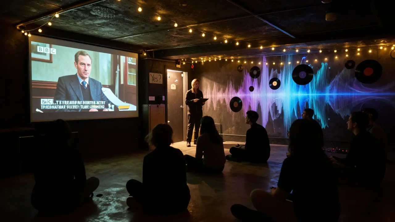 A hidden basement club lit by projectors and string lights, people listening to live jazz in a shadowy, intimate space.