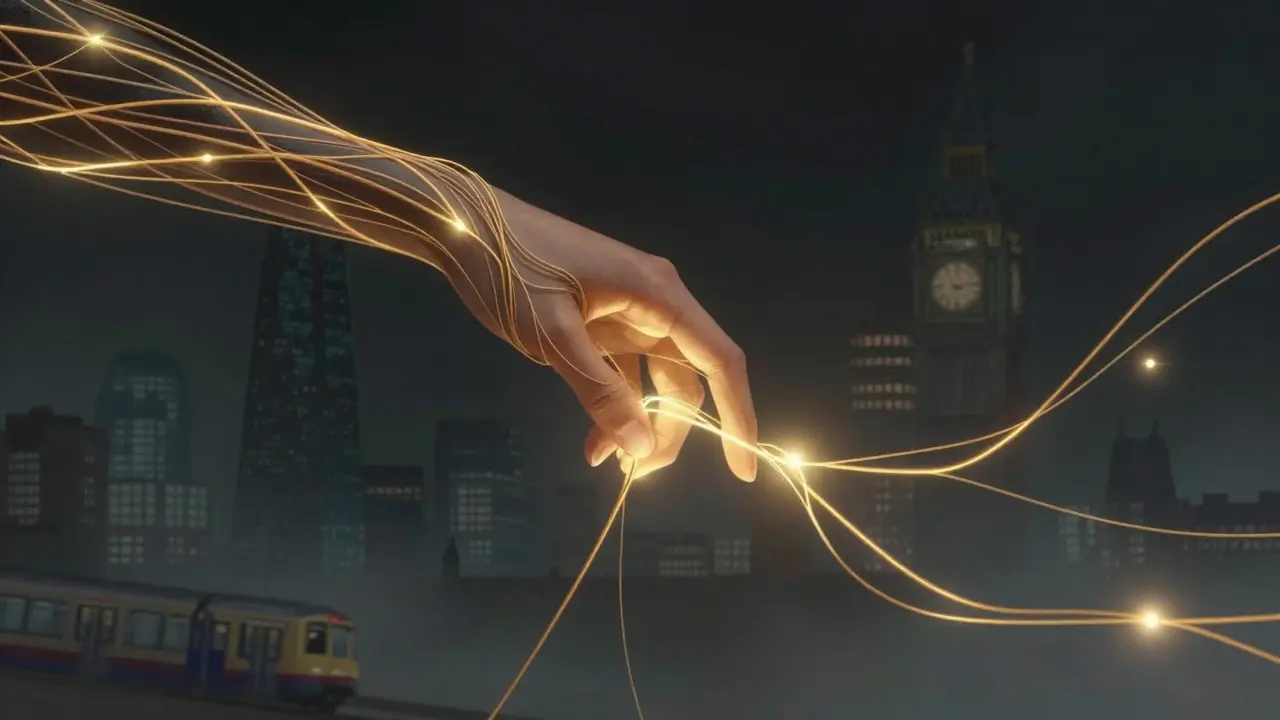 A human body depicted as glowing wires being untangled by a calm hand, symbolizing emotional release in a dark, dreamlike setting.