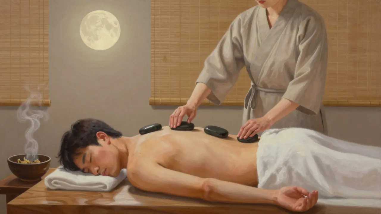 A Japanese therapist uses heated stones on a man&#039;s spine in a quiet, minimalist spa with soft moonlight.