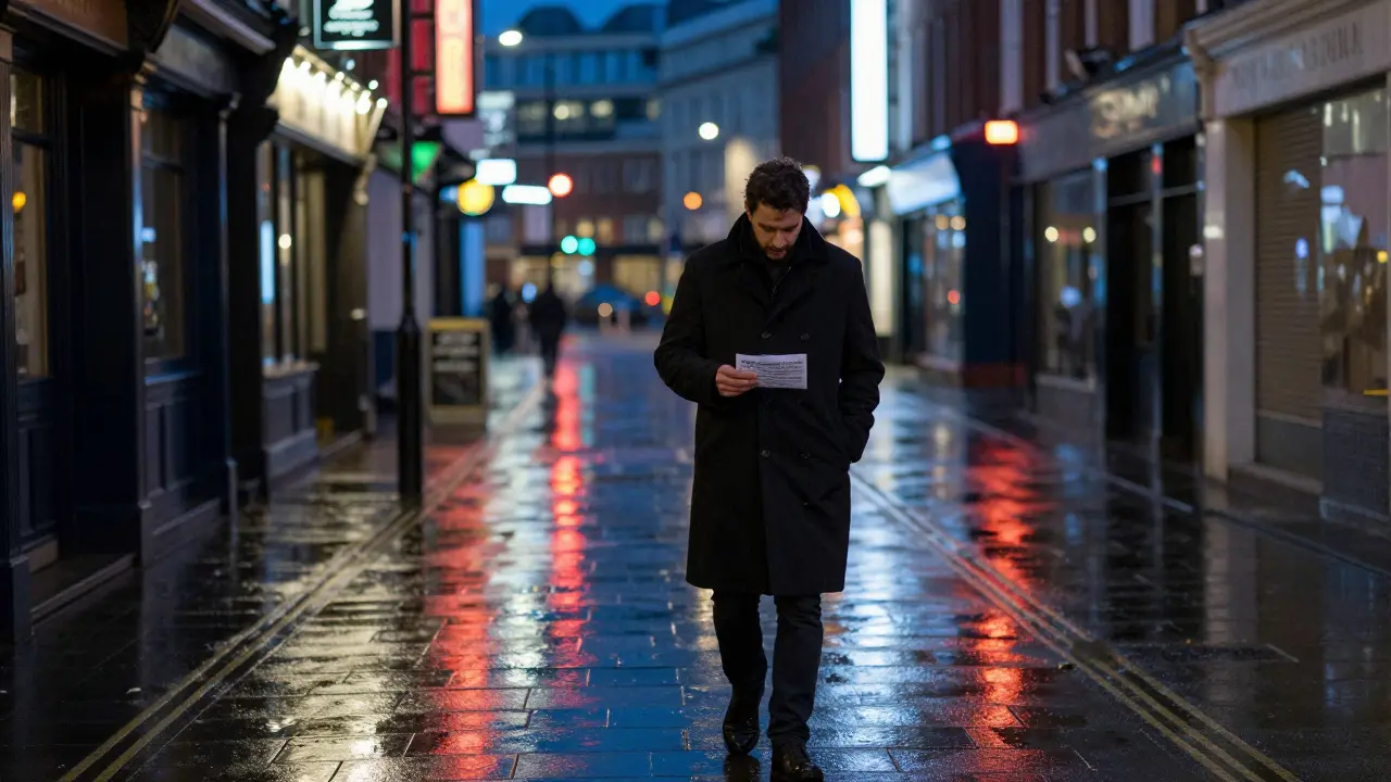 A lone man walks a rainy London street at night, shoulders relaxed, holding a folded note, neon reflections on wet pavement.