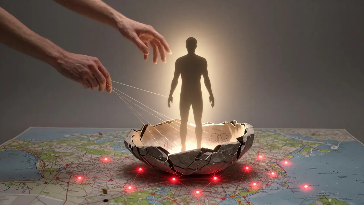 A man breaking free from a stress shell, surrounded by glowing pressure points and a guiding hand.