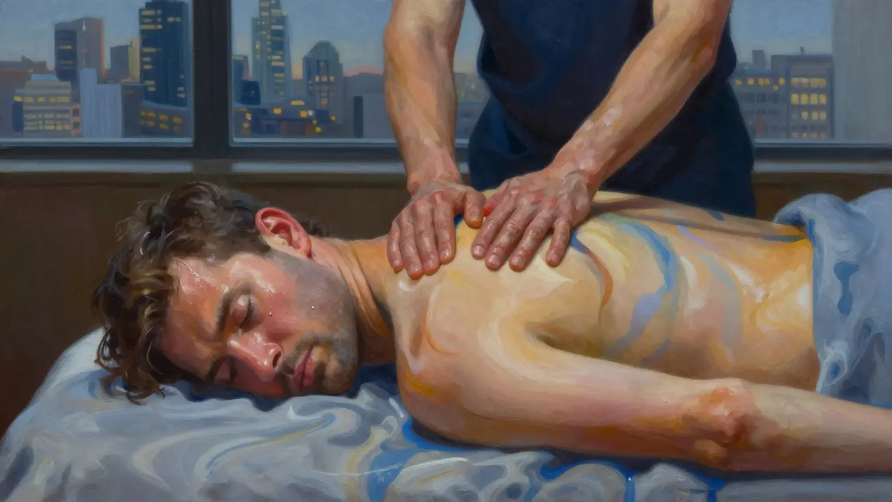 A man crying in peaceful release during a massage, tension dissolving into calming light around him.