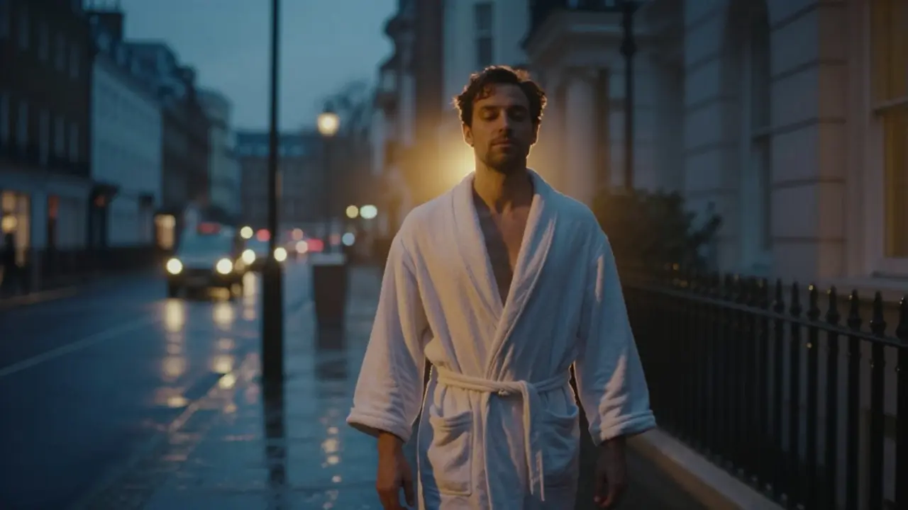 A man exiting a London spa at dusk, robe wrapped, walking slowly as golden mist surrounds him, city blurred behind, conveying deep calm and renewal.