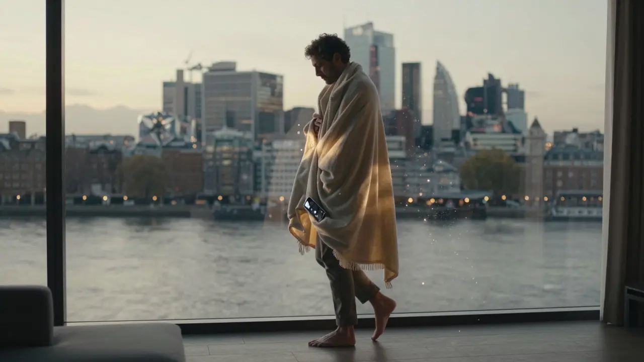 A man walks barefoot toward a river at dawn, wrapped in a scented blanket, released stress fading around him.
