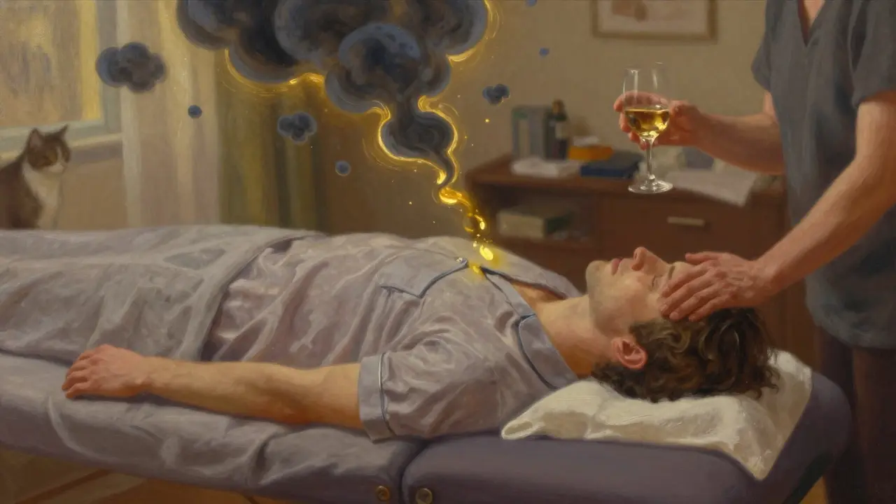 A person in pajamas receiving a massage as stress melts into golden light, cat watching from behind.