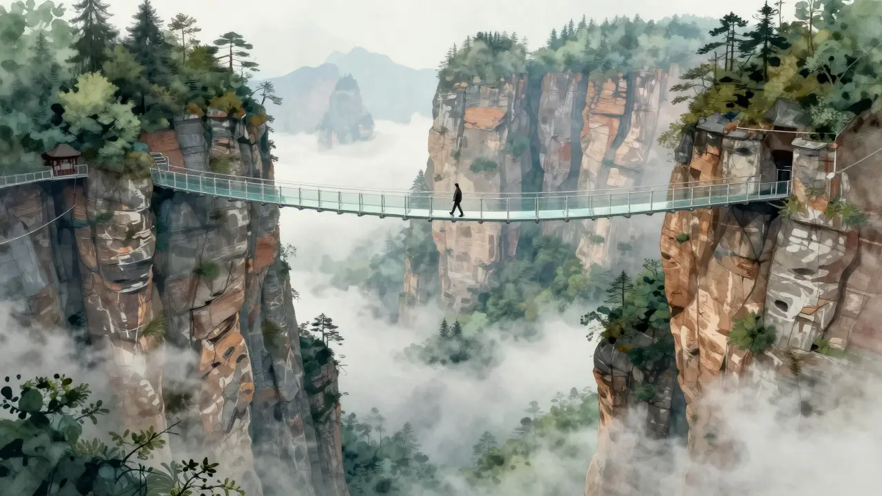 A person walks across a glass bridge high above towering forest pillars shrouded in mist.