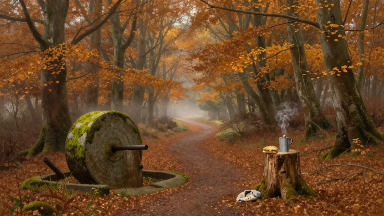A quiet woodland path in The Weald during autumn, golden leaves, mossy millstone, and a thermos beside a wooden stump.