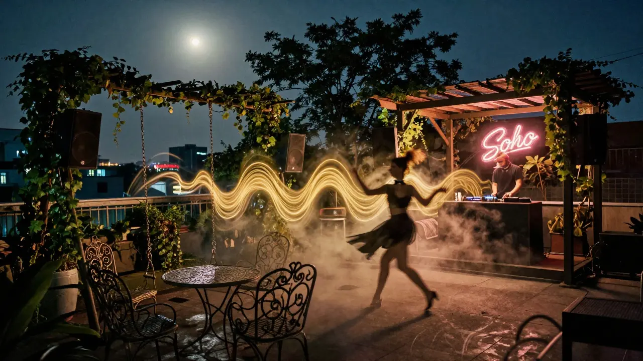 A swing dancer under moonlight in a secret garden rooftop with neon signs glowing through trees.