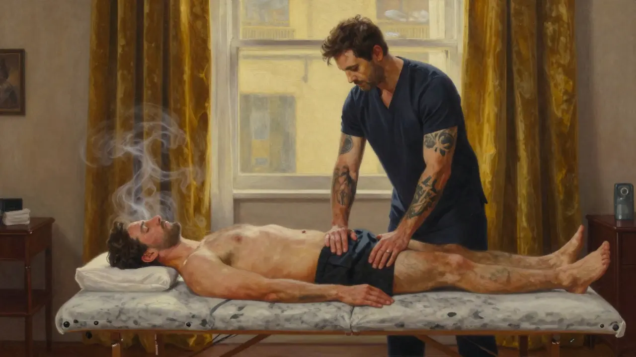 A tall male therapist applies deep pressure to a client&#039;s glutes on a heated marble table in dim light.