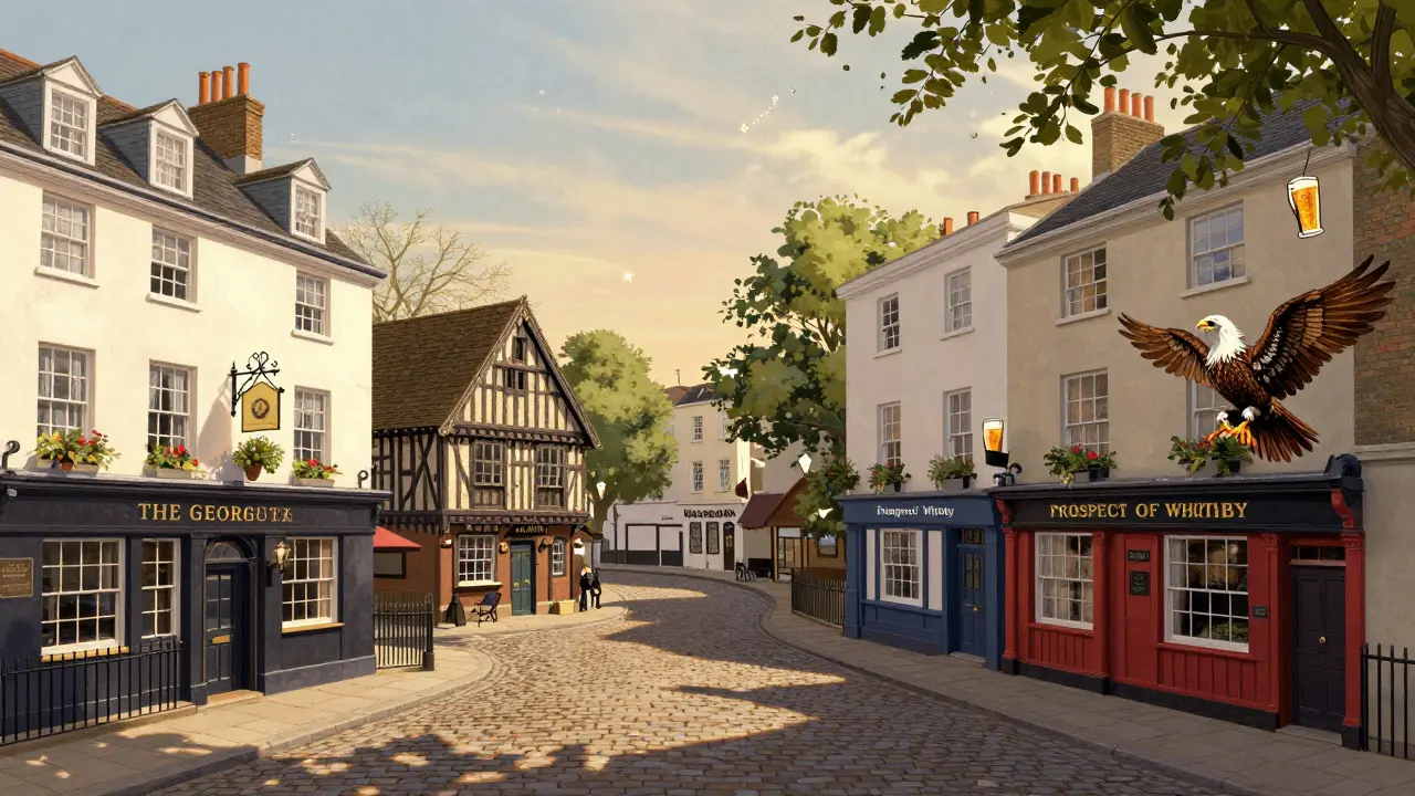 A trail of iconic London pubs connected by cobblestone paths under golden evening light.