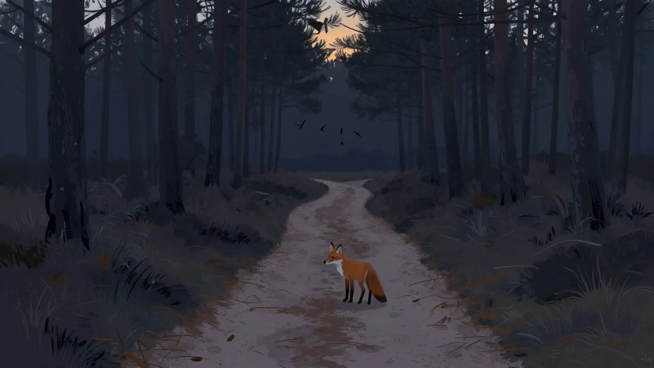 A twilight pine trail in Thetford Forest with a fox pausing on sandy ground, pheasants flying in the distance, deep shadows and soft light.