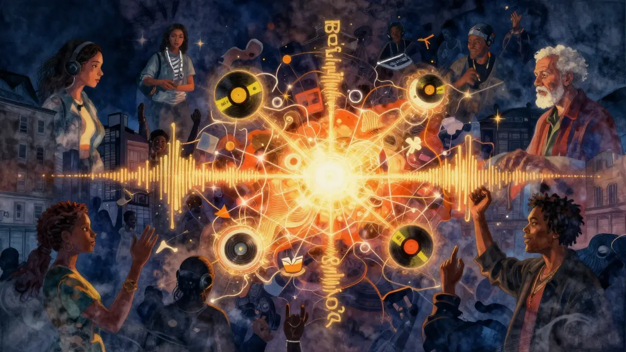 Abstract golden soundwaves radiating from Brixton, connecting cultural symbols and floating portraits.