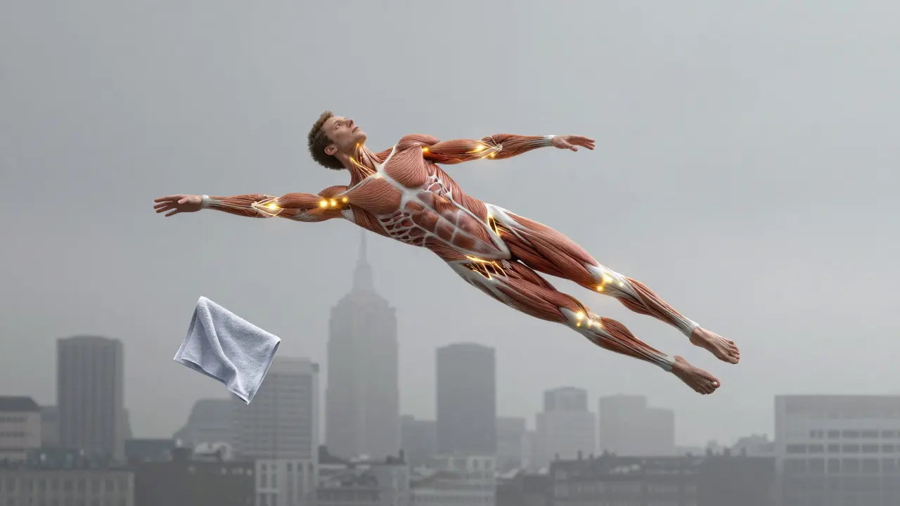 Abstract representation of a man&#039;s body with glowing neural pathways being realigned by invisible hands in a void.