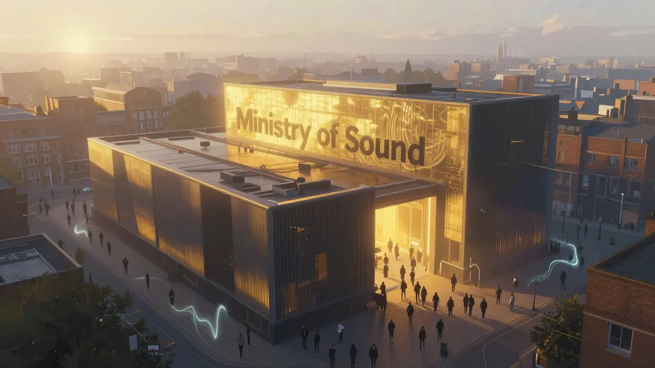 Aerial view of Ministry of Sound at dawn with sound waves rippling through the street.