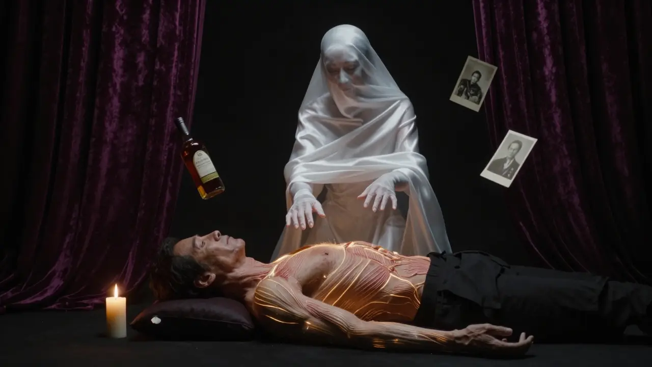 An ethereal therapist hovers above a glowing client, surrounded by floating gifts and candlelight in a sacred space.