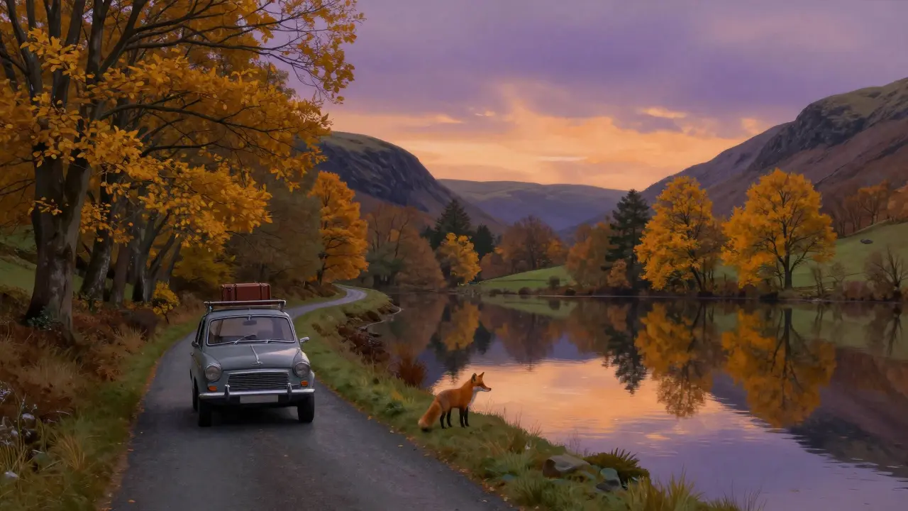 Autumn lane in Lake District with mirror-like tarn and fox watching from treeline.