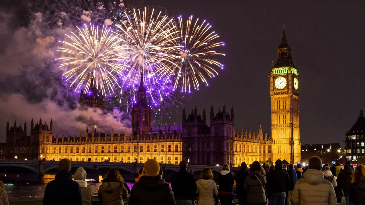 Big Ben at midnight on New Year’s Eve, fireworks lighting up the Thames and silent crowds.