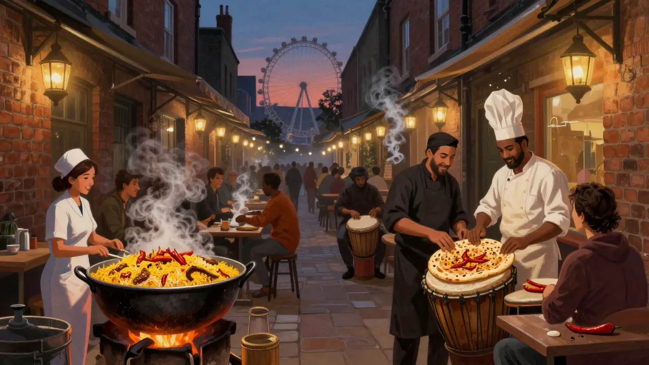 Brick Lane at night with fire-lit food pots, diverse people sharing meals, cultural collaboration in the air.