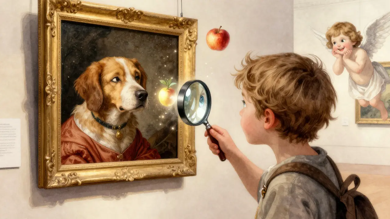 Child using a magnifying glass to discover magical details hidden in a Renaissance painting.