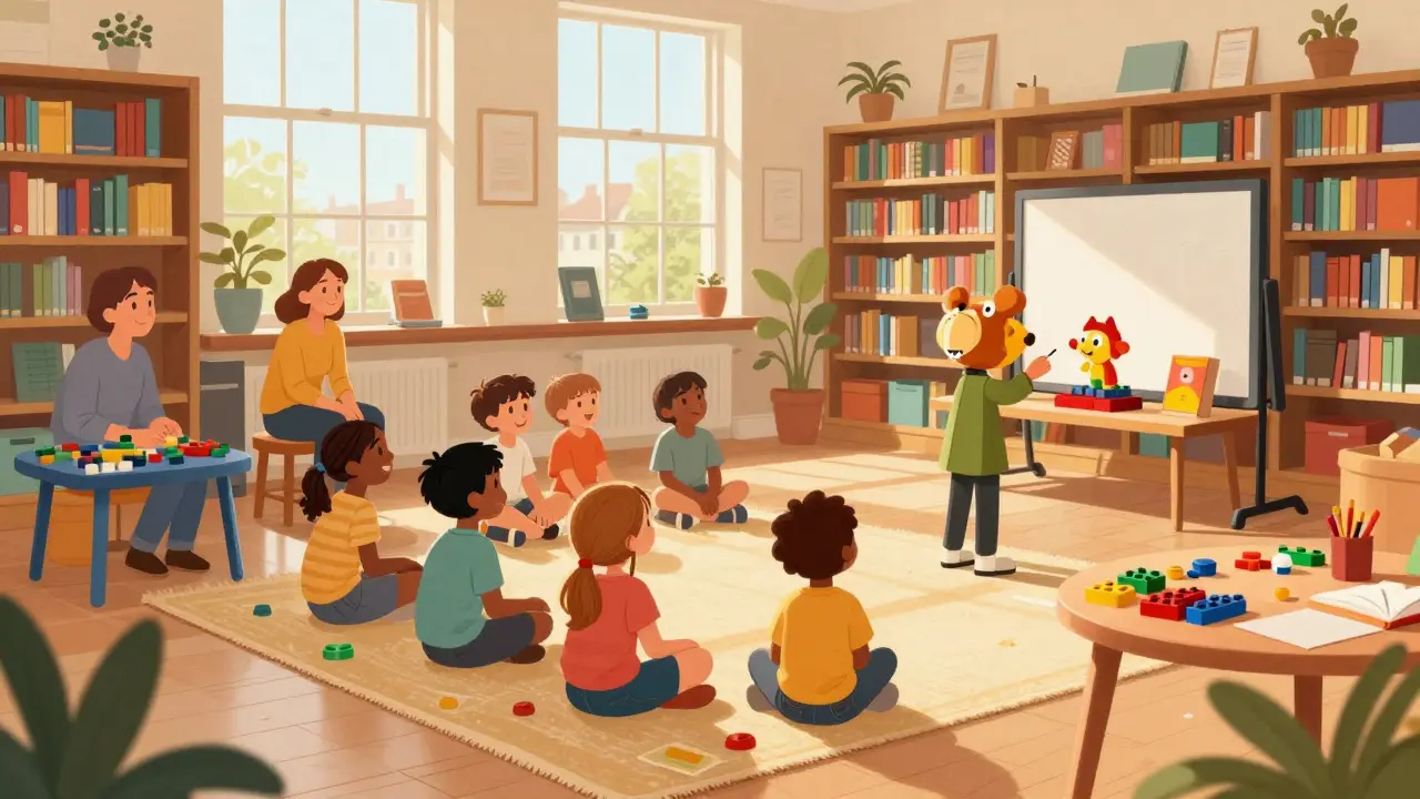 Children enjoying a puppet show during Storytime at a London library.