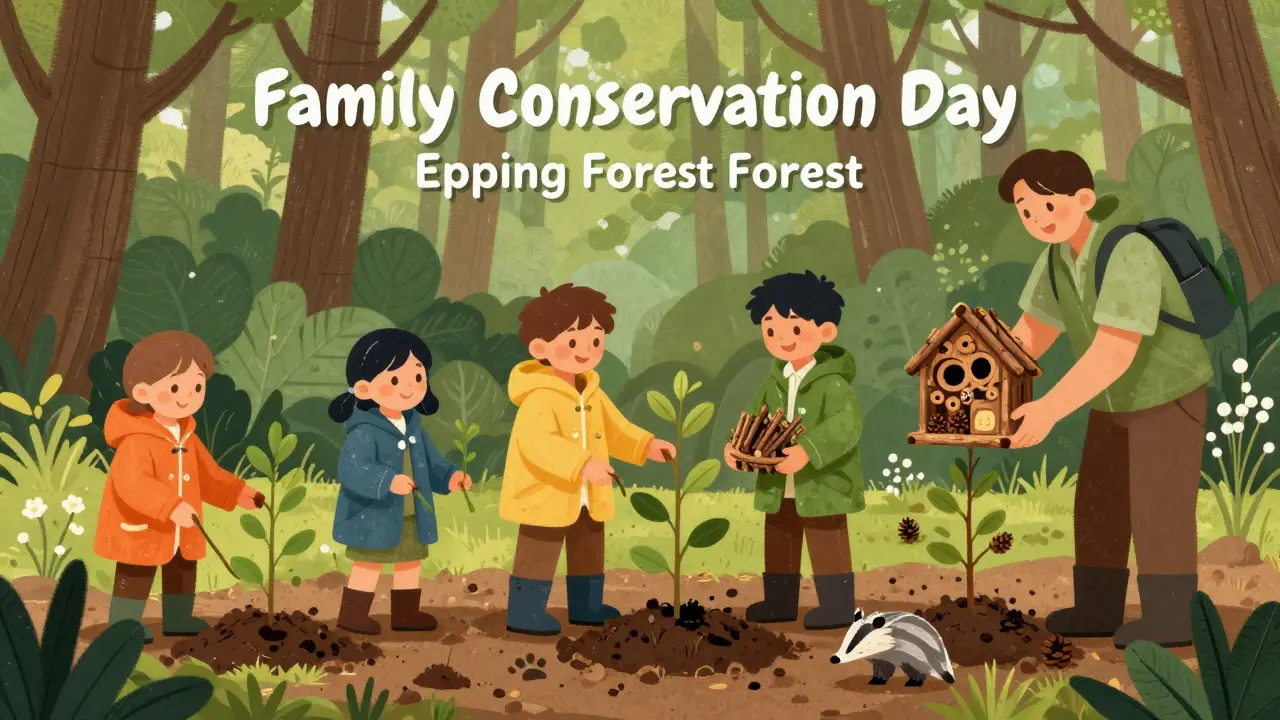 Children planting trees and building bug hotels during a free forest conservation day.