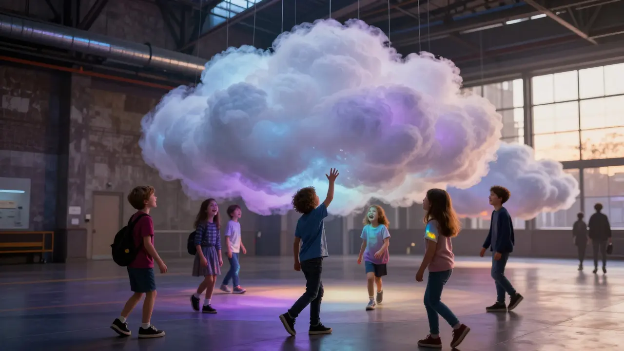 Children playing beneath colorful floating mist orbs in Tate Modern&#039;s Turbine Hall installation.
