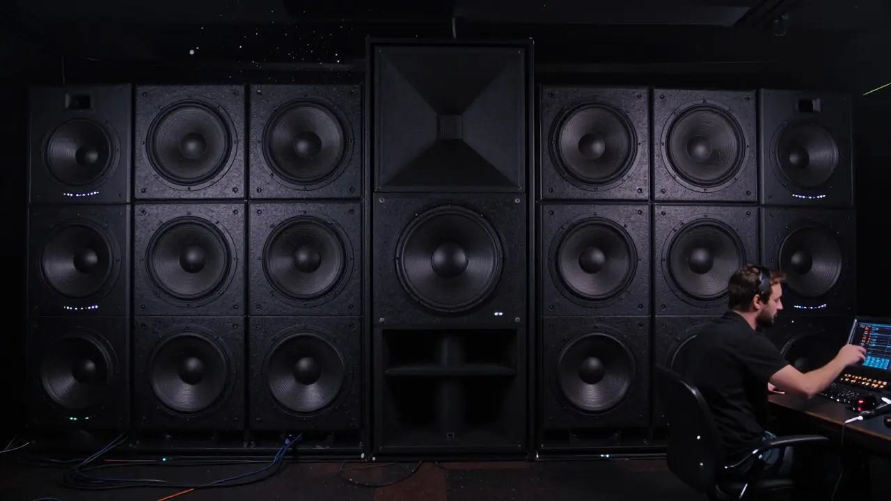 Close-up of a precision-engineered nightclub sound system with speakers and subwoofers glowing softly.