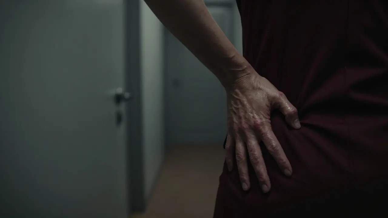 Close-up of professional hands working on a man&#039;s hip and sacrum with oil glistening, no faces visible, moody lighting.