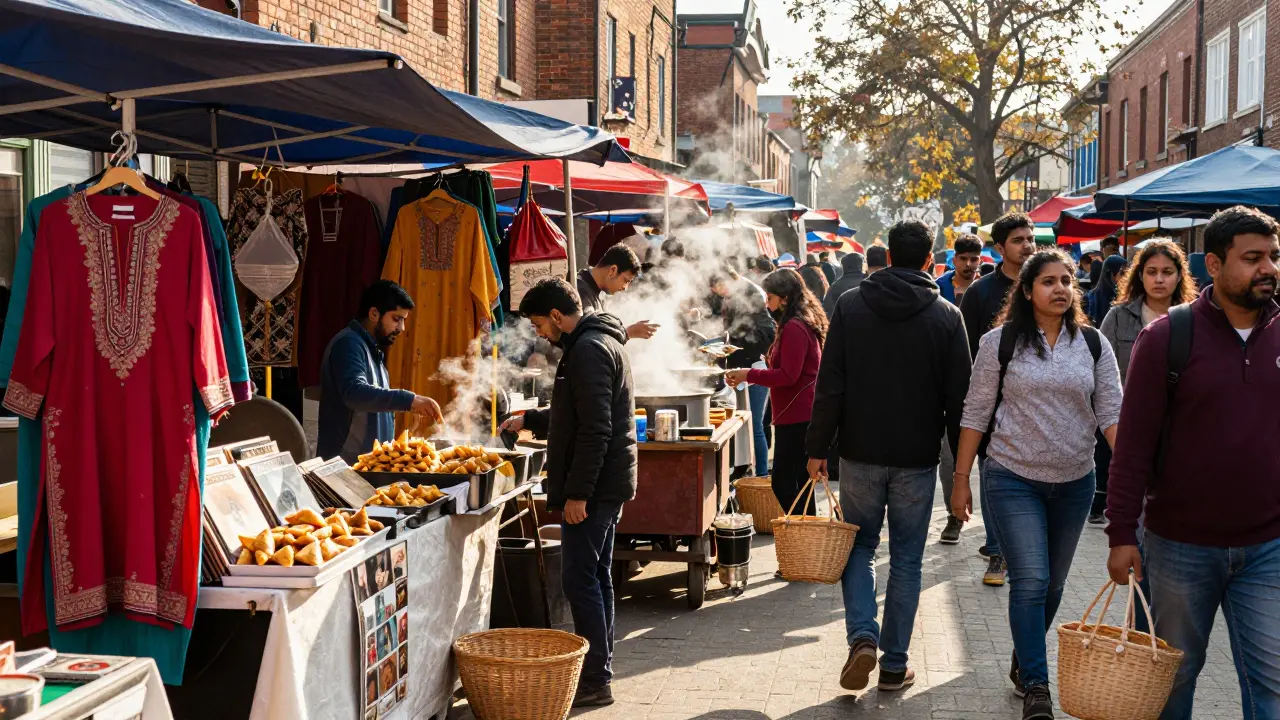 Colorful street market stalls with food, fabrics, and records under bustling London skies.