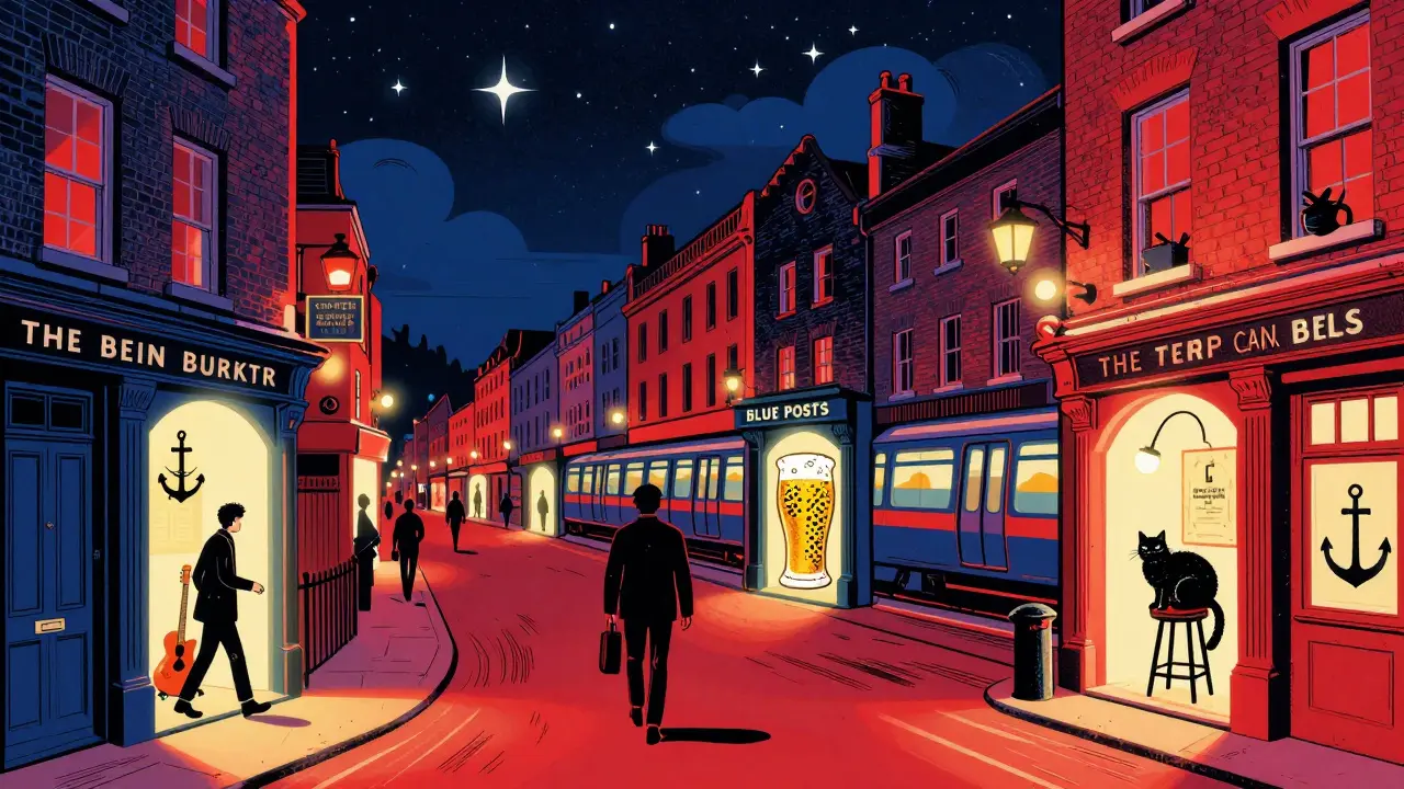 Comic book-style map of a London pub crawl with glowing pubs and iconic symbols along a night path.