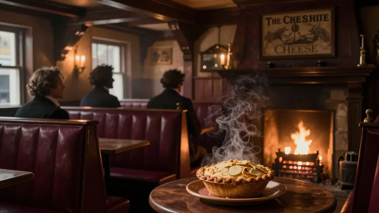 Cozy interior of The Cheshire Cheese with candlelit booths, oak beams, and a crackling fireplace.