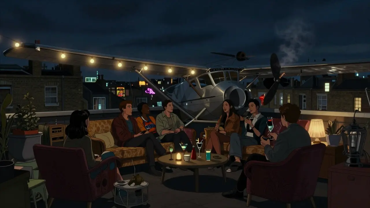 Cozy rooftop garden in Shoreditch with string lights and guests sipping creative cocktails at night.