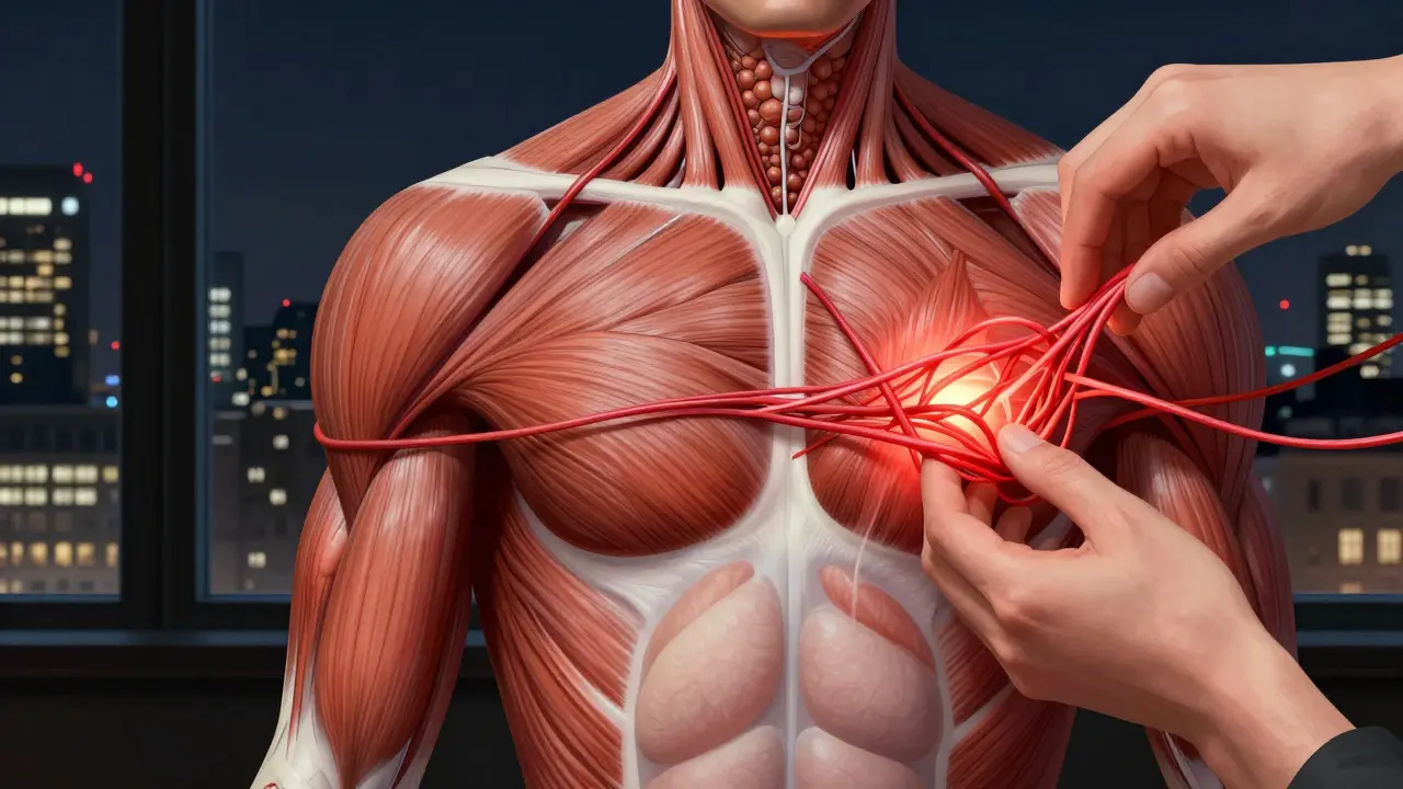 Cross-section of human muscles with adhesions dissolving like tangled cords.