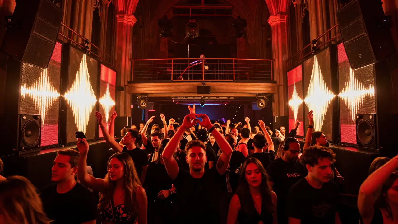 Crowd dancing under pulsing lights in Ministry of Sound's main room with massive speakers.