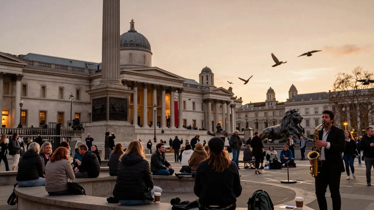 Crowded Trafalgar Square at dusk with people on benches, street performers, and glowing National Gallery.