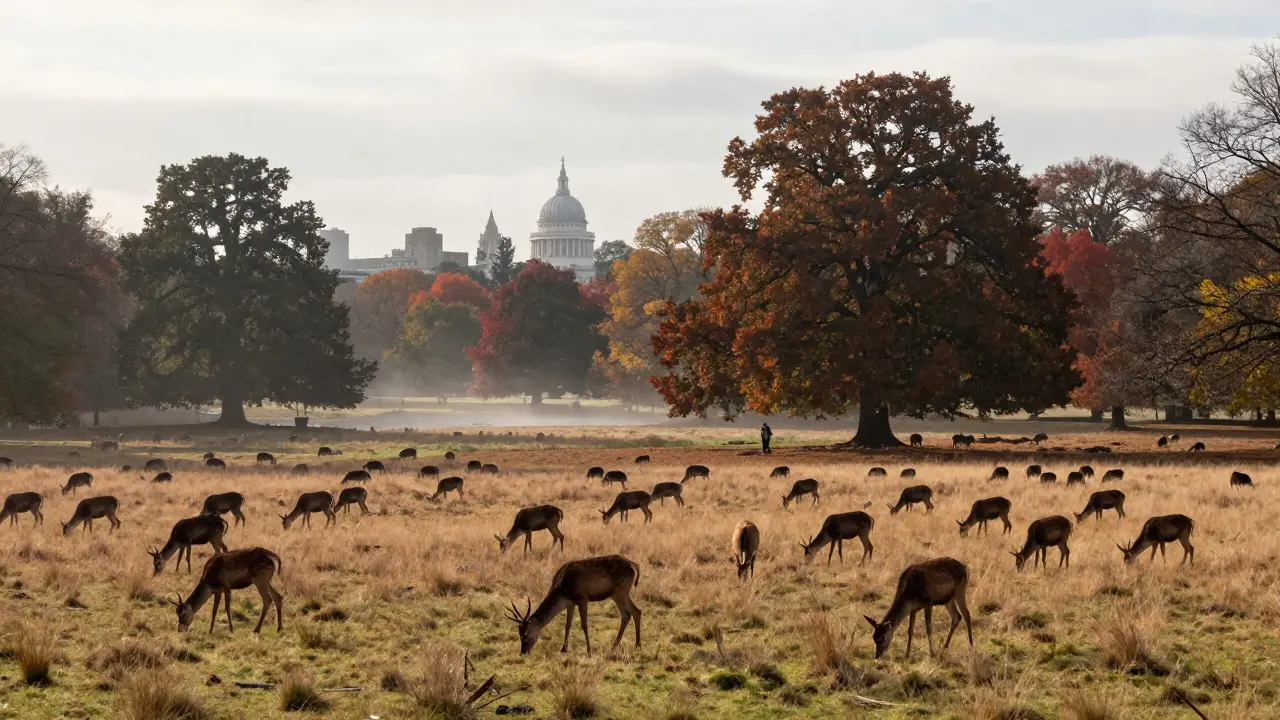 Deer grazing in Richmond Park with St. Paul’s Cathedral visible in the distant horizon at autumn dusk.