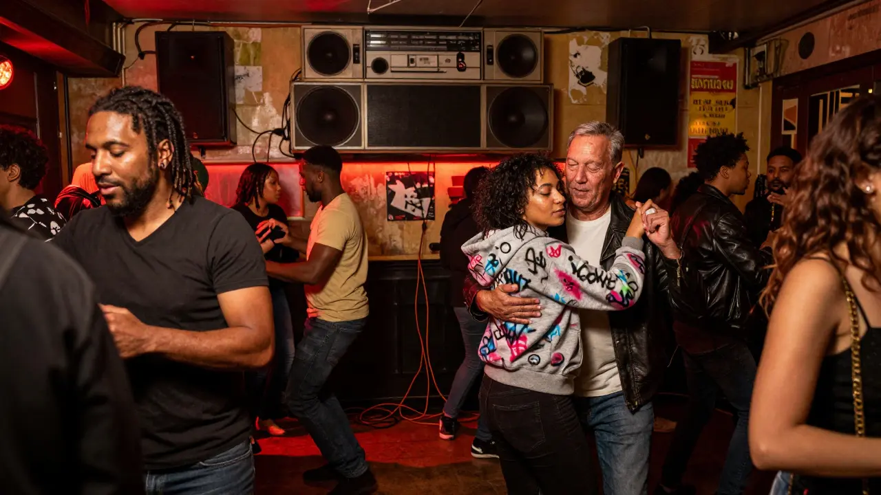 Diverse crowd dancing energetically in a dimly lit club with powerful sound system in background.