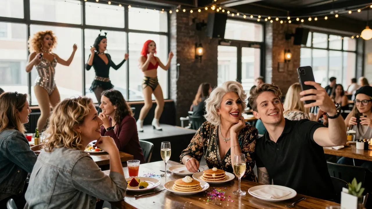 Drag performers entertaining guests at Heaven's Sunday brunch with pancakes and prosecco.