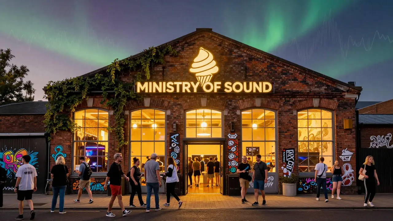 Exterior of Ministry of Sound at dusk, people entering like pilgrims, golden light spilling from its windows.