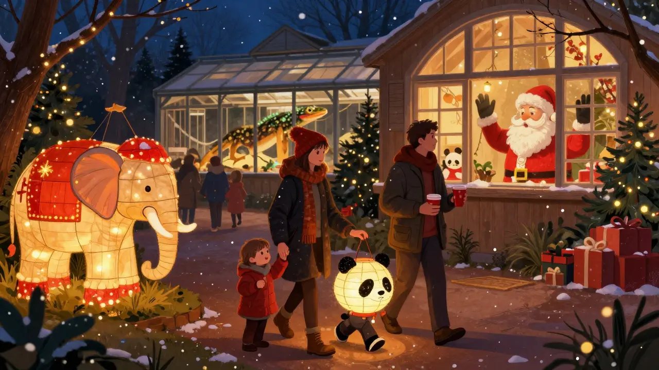 Family enjoying glowing animal lanterns at London Zoo's Christmas Lights event.