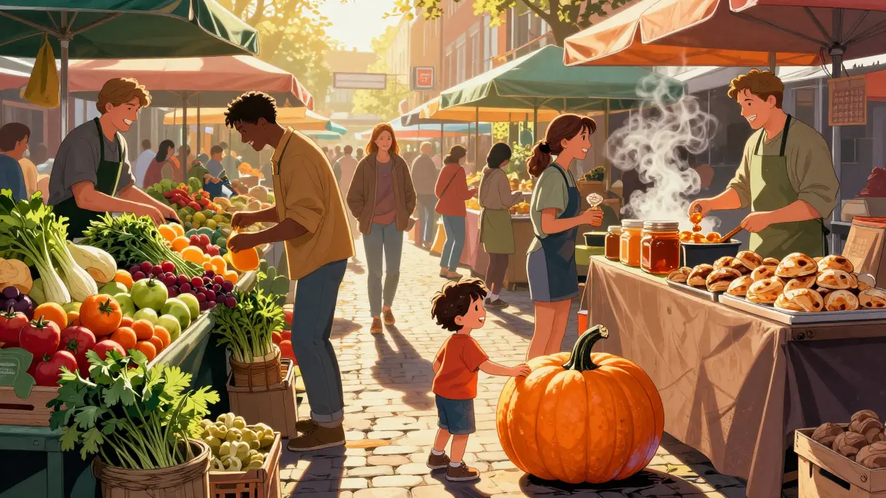 Family exploring colorful produce at Borough Market with fresh herbs and honey samples.
