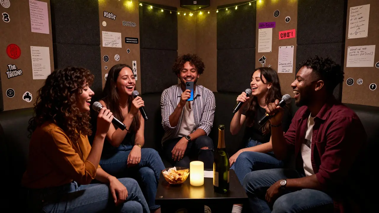 Friends singing together in a cozy Shoreditch karaoke booth with snacks and a phone recording.